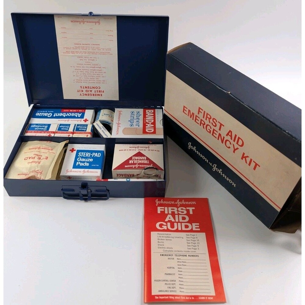 Vtg Johnson & Johnson First Aid Emergency Kit Wall Mount Metal New Unused